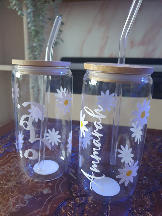 Daisy glass cup with straw