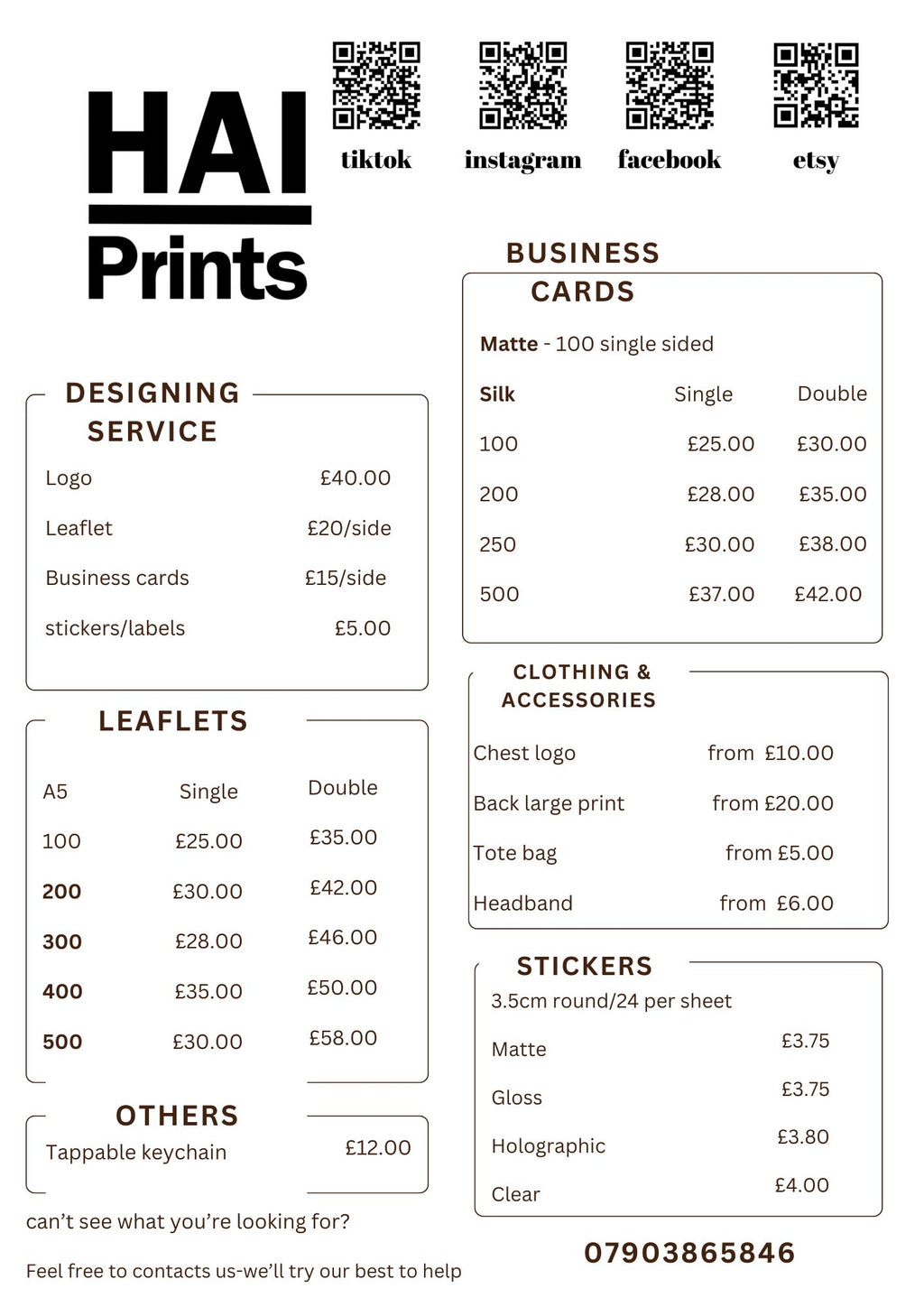 Custom Digital Price List Design – Small Business Menu / Services Price List